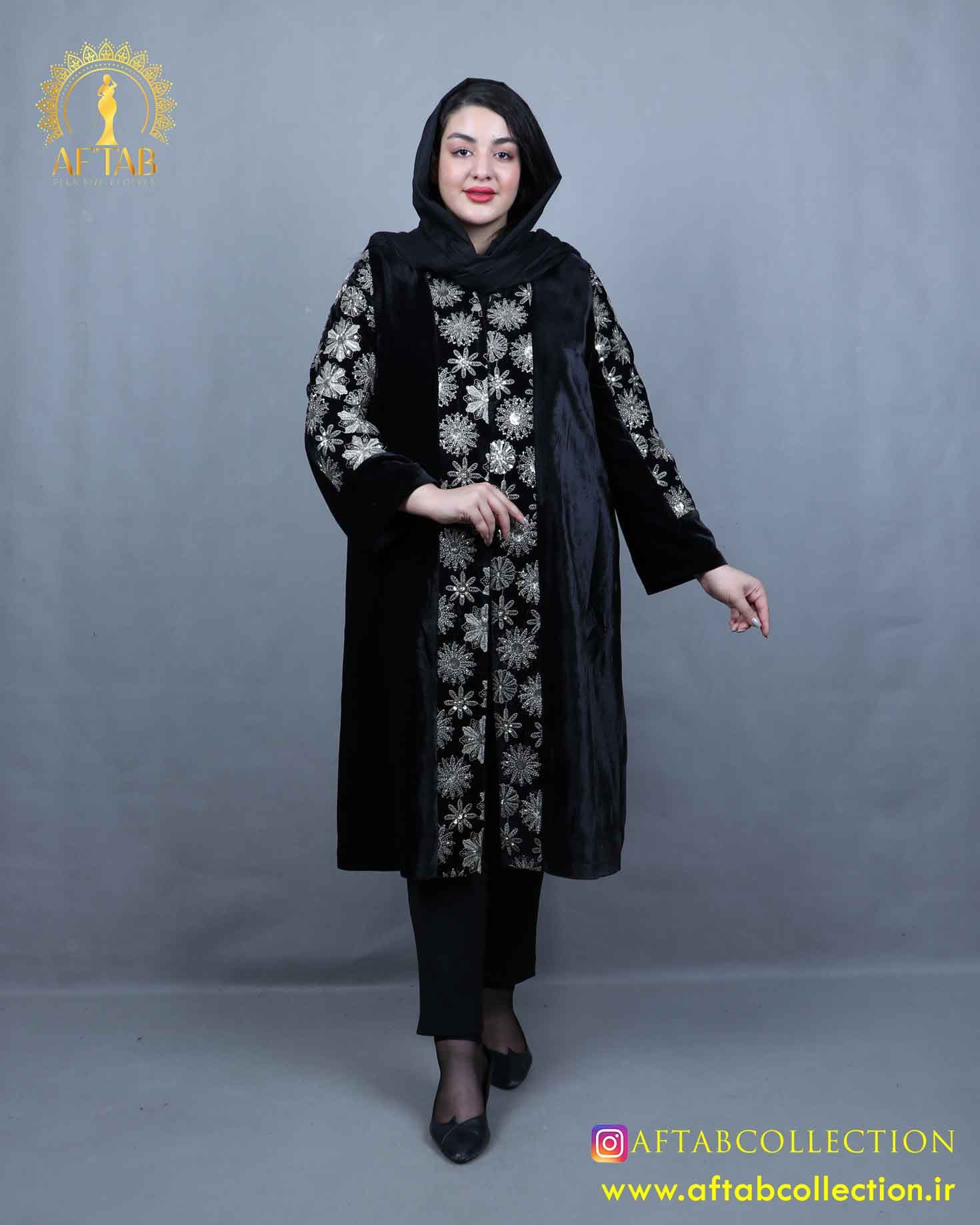 مانتو مخمل خورشیدی بلند سایزبزرگ 5545