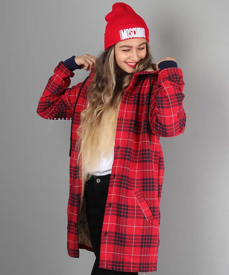 کاپشن پشمی بلند طرح چهارخانه 8035