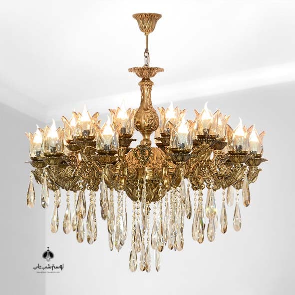 لوستر آویز 10 شاخه 20 شعله پانیذ شب تاب آنتیک با کریستال و لاله کوراکاس متوسط