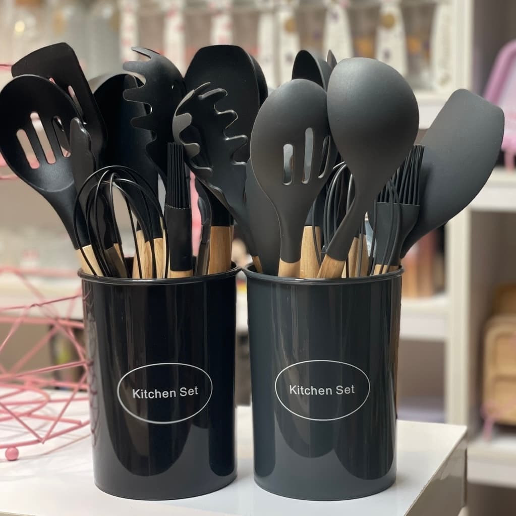 ست کفگیر و ملاقه ۱۲ پارچه سیلیکونی دسته چوبی Kitchen Set-ست بزرگ