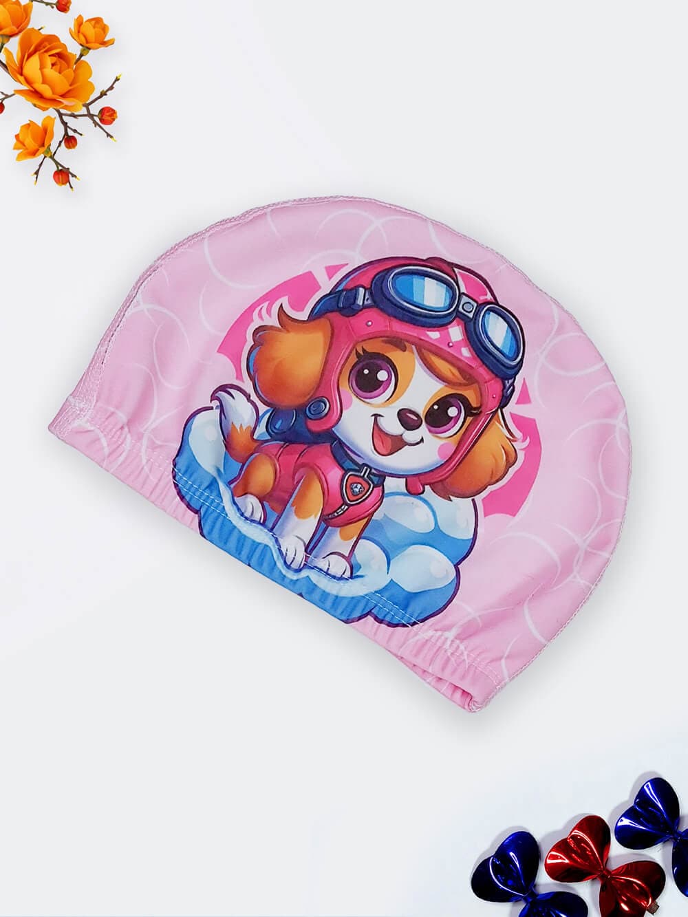 کلاه شنا بچگانه صورتی رنگ طرح هاپوی خندان صورتی رنگ با جنس پارچه ای ضد کلر