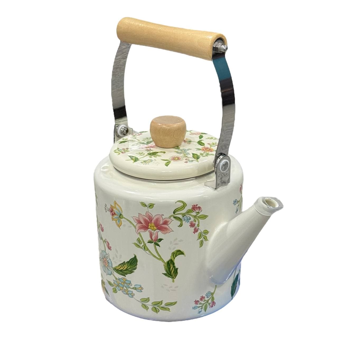 کتری لعابی گلدار دسته بامبو کد۲