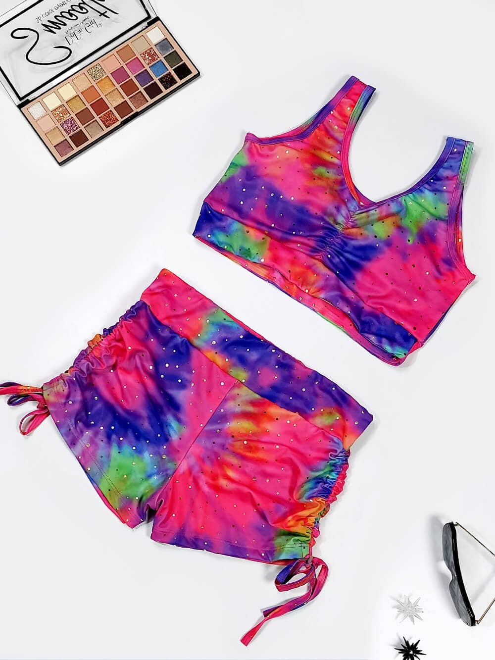 مایو نیمتنه شلوارکی زنانه فاق بلند با کاپ متحرک طرح کهکشان بصورت لیفه دار