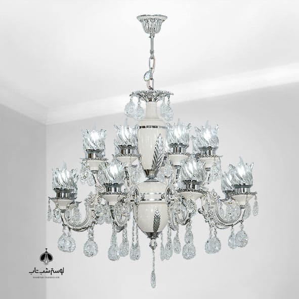 لوستر آویز 8 شاخه 16 شعله نورسازان 716/8 سفید نقره ای با جای لاله