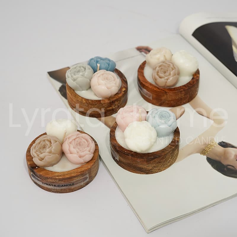 شمع دست ساز شات چوبی گل پیونی