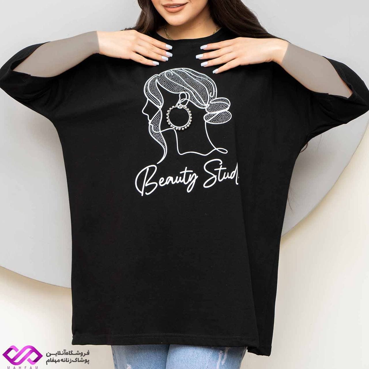 تیشرت لانگ مشکی طرح گوشواره مروارید