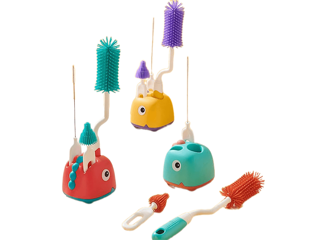 آبچکان پایه دار لوازم کودک به همراه شیشه شور سیلیکونی مدل دایناسور (4 تکه)