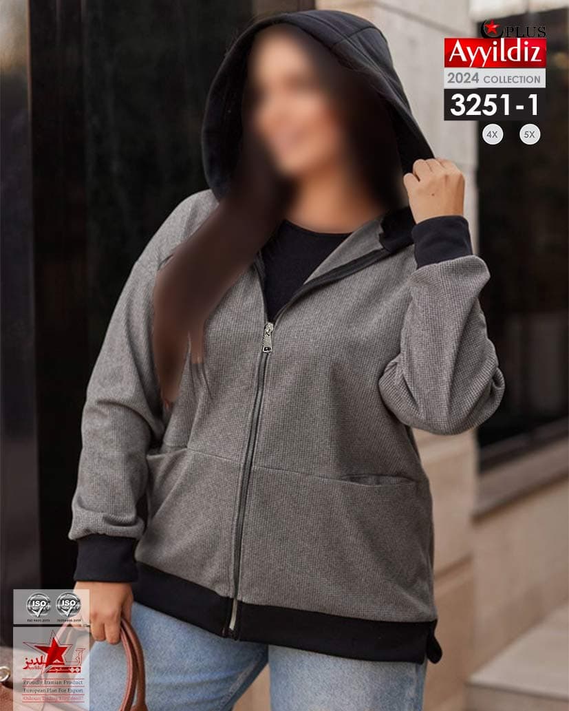 سویشرت کلاه دار جلو زیپ دار زنانه سایز بزرگ کد ٣٢۵١