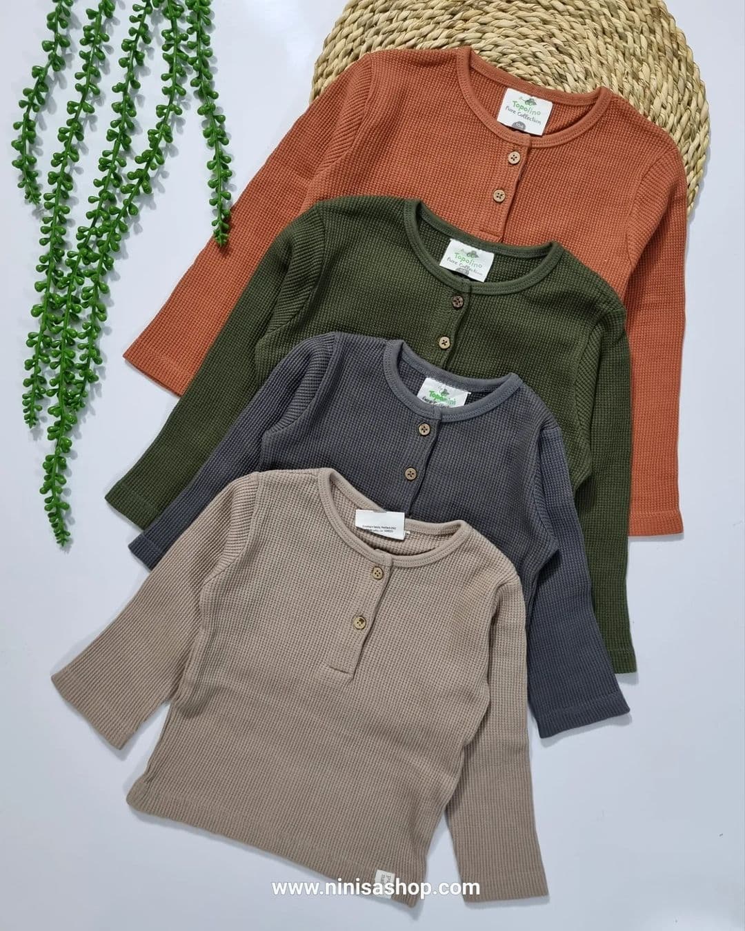 بلوز بیسکوییتی پسرانه مجلسی برند topolino آلمان رنگ آجری زغالی سبز نسکافه ای