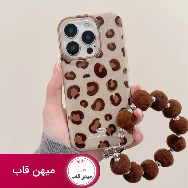 قاب گوشی آیفون پلنگی شاین همراه با بند مخملی - کد (۶۸۱۵۰)