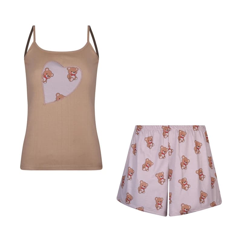 ست تاپ و شلوارک زنانه افراتین مدل خرسی کد 6606 رنگ نسکافهای