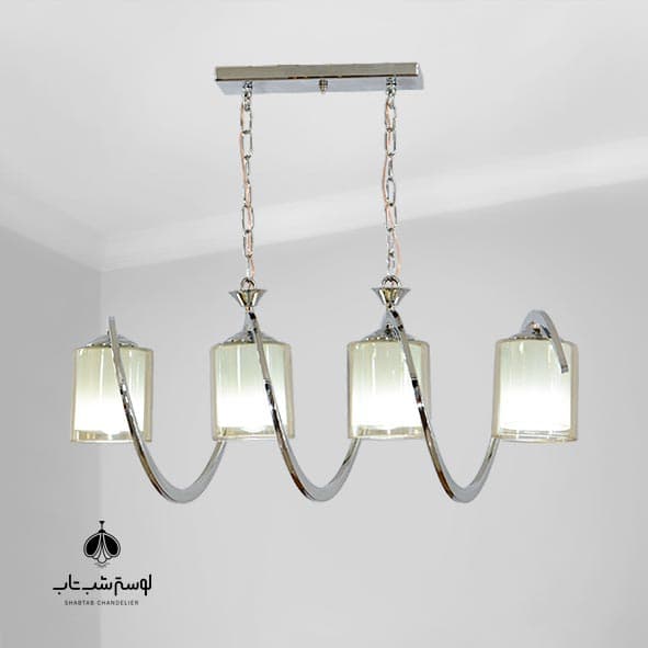 لوستر آویز چهار شعله شب تاب فنری کروم با حباب