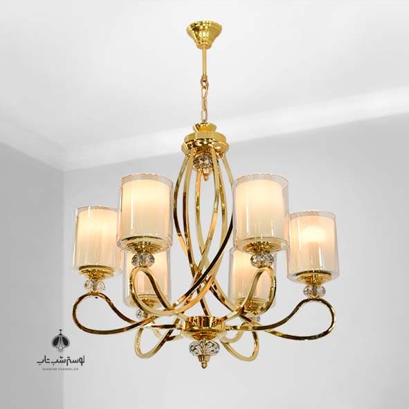 لوستر آویز پیچک شب تاب طلایی 6 شعله با گوی چرخی و حباب و فلاور
