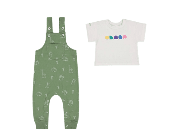 بلوز آستین کوتاه و شلوار پیشبندی نوزادی سبز رنگ طرح دایناسور شابن shabenbaby