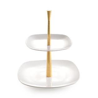 ظرف پذیرایی دو طبقه سفید با پایه طلایی شیاردار