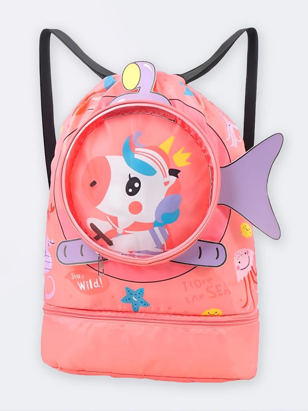 کوله پشتی شنا فانتزی طرح اسب تک شاخ دارای محفظه عینک شنا و جا کفشی مجزا