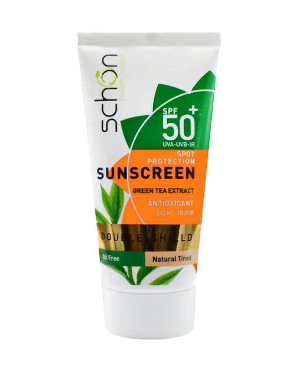 کرم ضد آفتاب رنگی فاقد چربی SPF50 شون Schon مدل دابل شیلد رنگ طبیعی 50ml